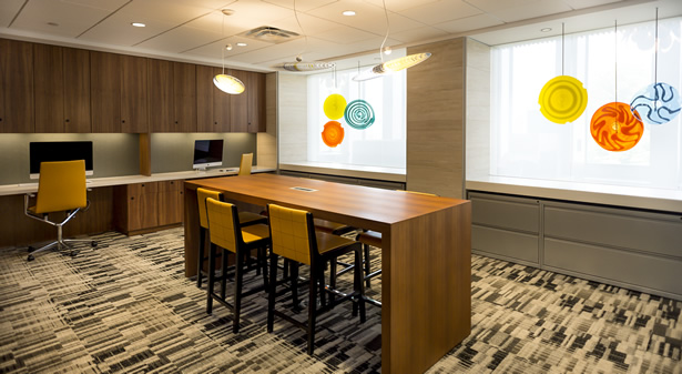 Hotel lobby millwork with custom front desk and feature panels (portfolio image 5)